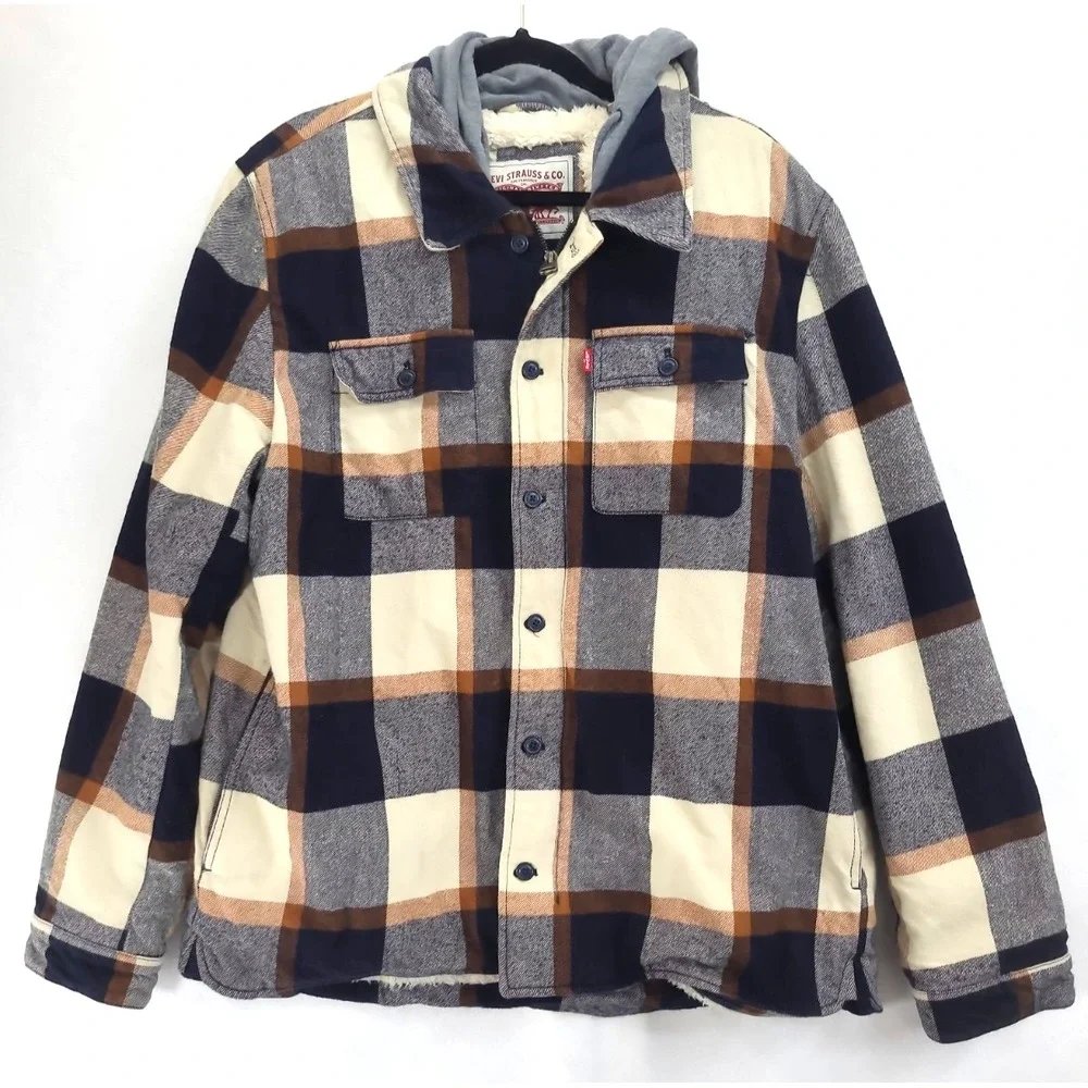 Levi's Men's Cotton Plaid Shirt Jacket Sherpa Lining With Hood Size XL